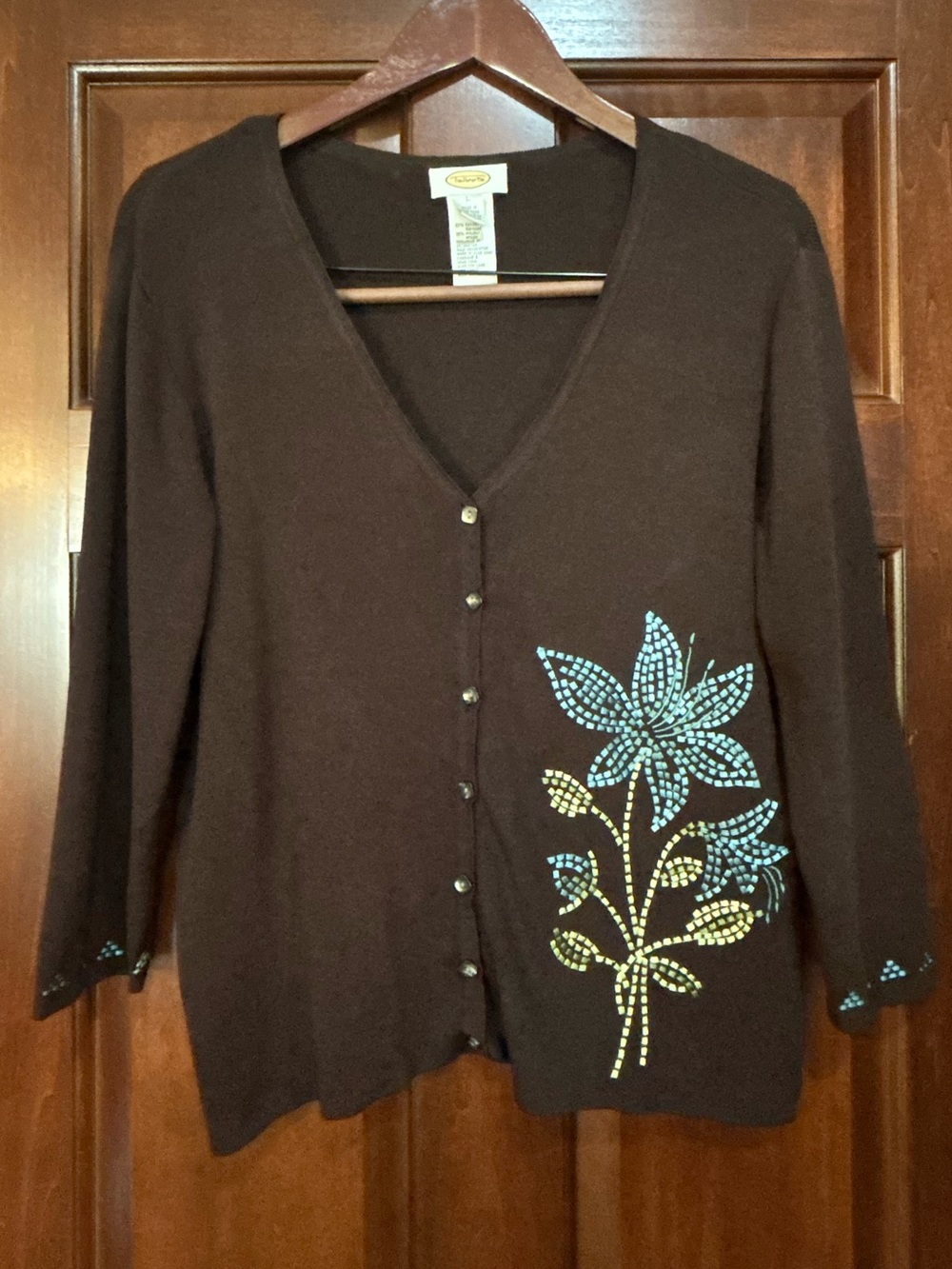 Talbots L Deep Brown Embroidered Floral Cardigan Button Front Y2K Sweater